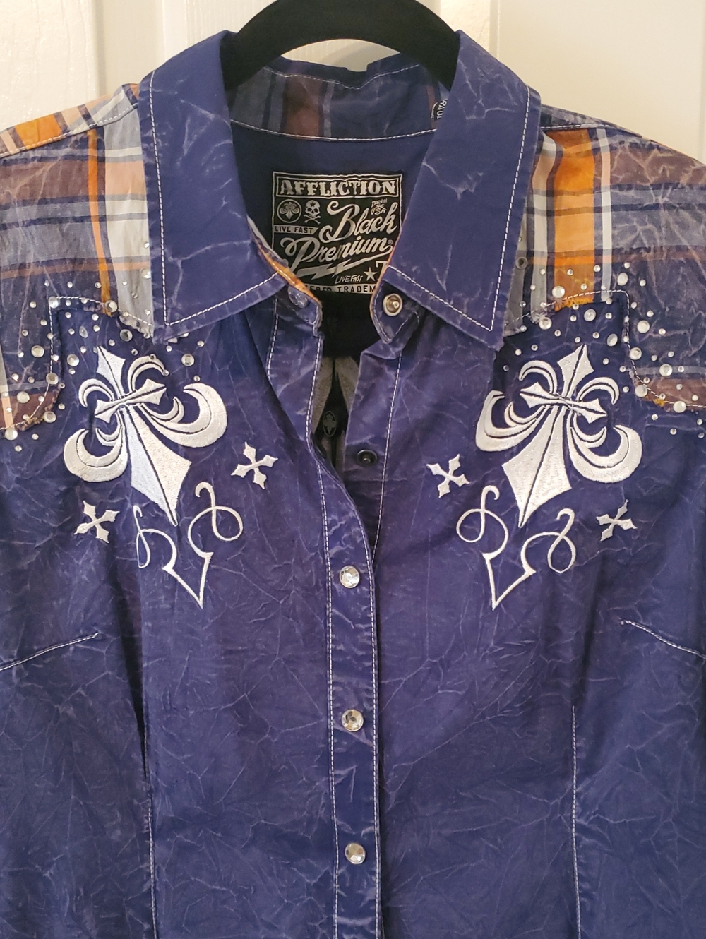 Affliction Snap Button-Front Top with Orange Plaid Accents - Picture 7 of 13